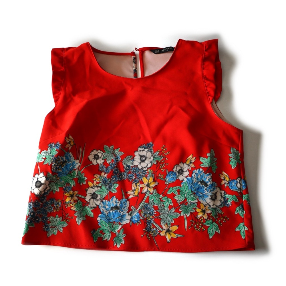 ZARA M Ruffle Cap Sleeve Top with Embroidered Print Hem in RED